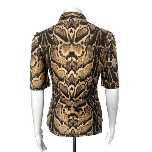 Vintage 2003 Roberto Cavalli M Short Sleeve Turtleneck Animal Print Top Brown - Picture 6 of 9